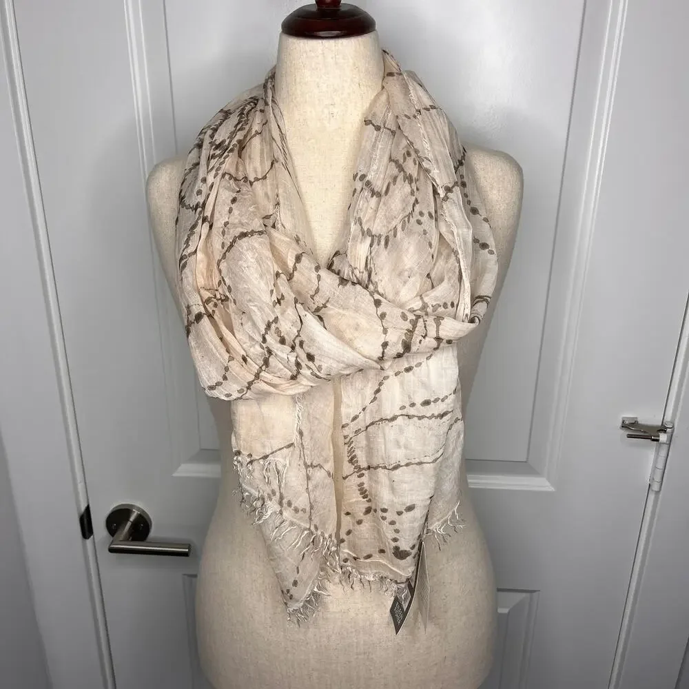 Eileen Fisher Scarf Women's White Grey Web Printed Gauze Modal Silk Flawed